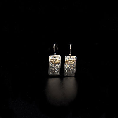 Sterling silver and 14K gold rectangular wolf earrings