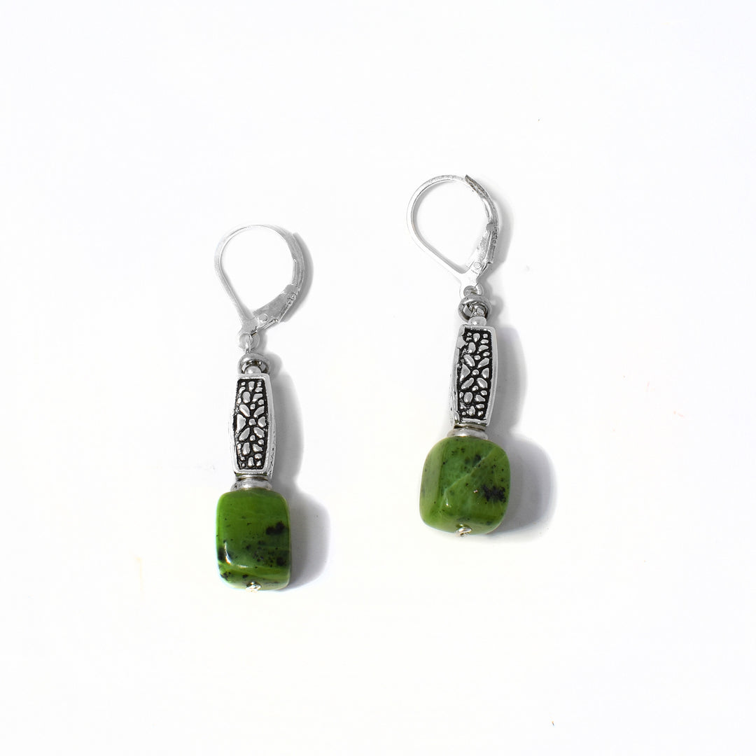 Unique lever back earrings handcrafted by artist Karley Smith. Made of sterling silver, antique silver, oxidized silver and BC jade. Each earring measures 1.69" x 0.25" including hook.