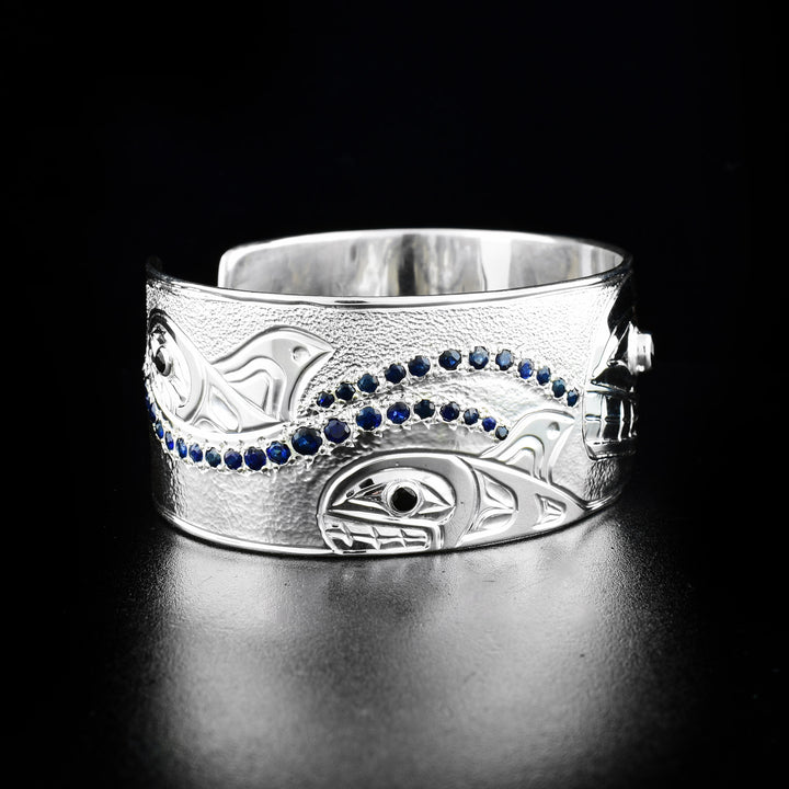 Silver Sapphire and Onyx Orca Bracelet