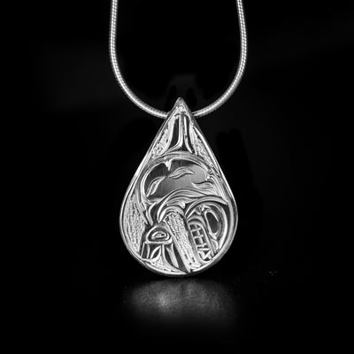 Stunning teardrop orca pendant hand-carved by Kwakwaka'wakw artist Victoria Harper. Made of sterling silver. Pendant measures 0.75" x 1.20". Hidden bail on back. Chain not included. The orca legend represents: longevity, protection, family.
