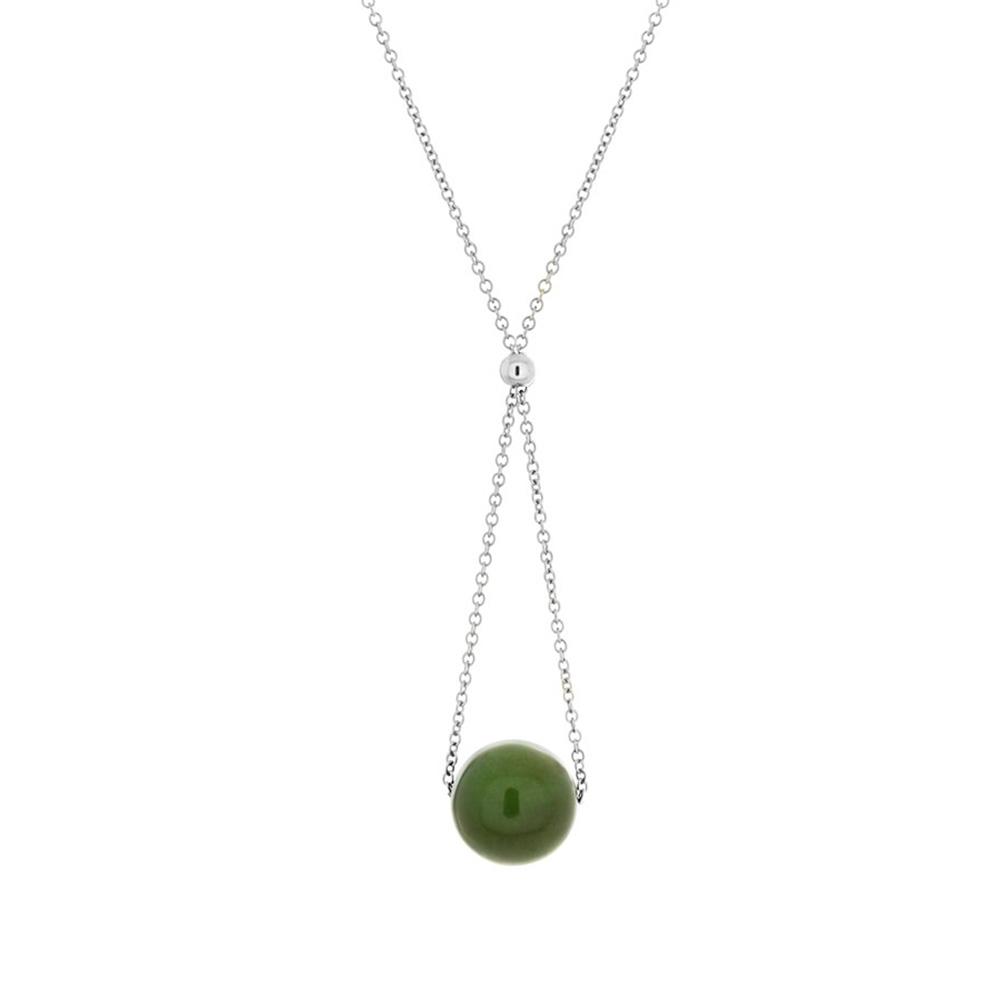 This lariat necklace is made using sterling silver and genuine BC Jade.  The necklace is 17" long and the pendant measures 1.5" x 0.5".