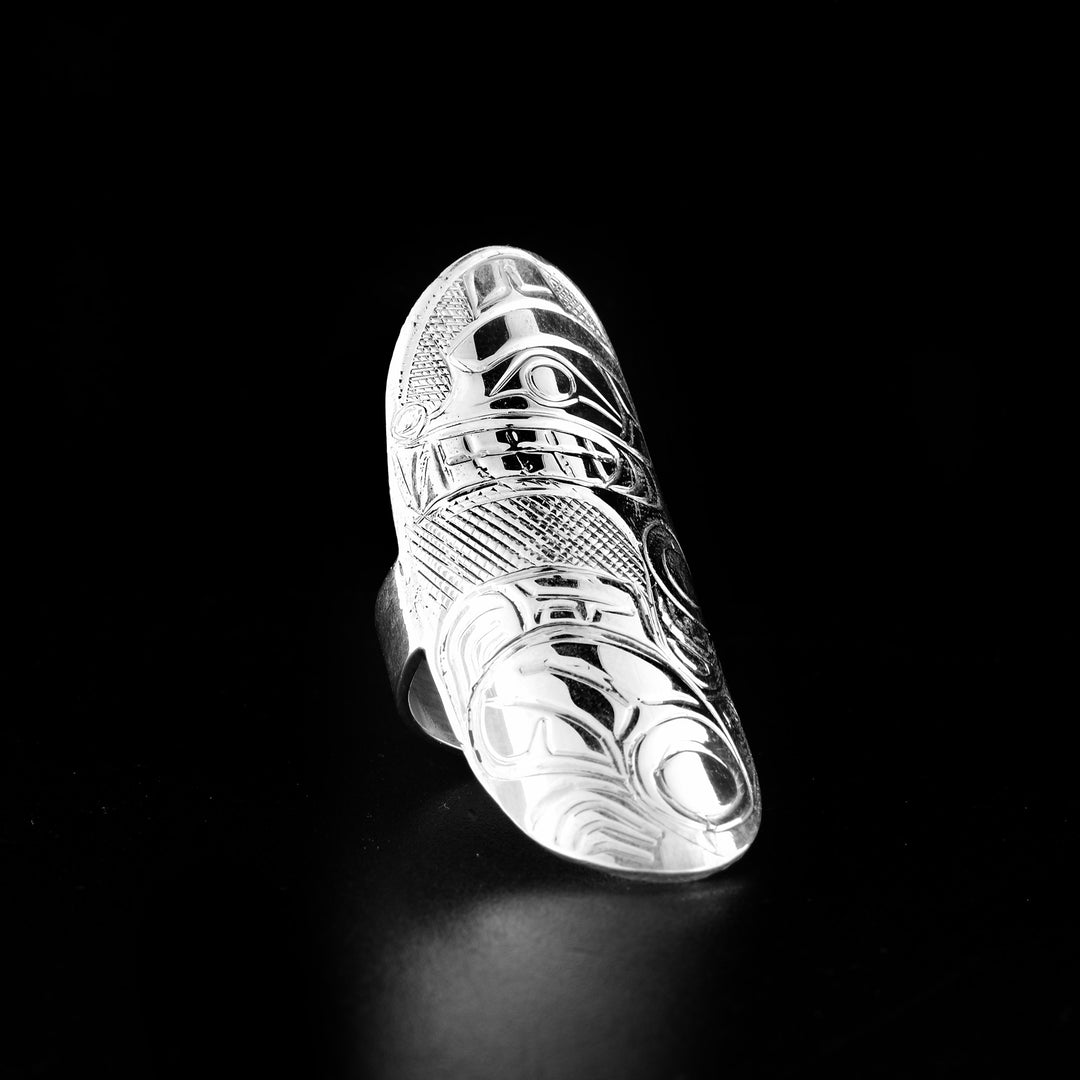 Bold bear shield ring hand-carved by Kwakwaka'wakw artist Norman Seaweed. Made of sterling silver. Shield is 1.95" long. Size 9.5.