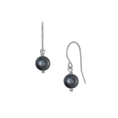 Black Pearl Lantern Earrings handcrafted by artist Pamela Lauz. Made of sterling silver wire and genuine black freshwater pearls. Each earring measures approximately 1.0" x 0.4" from top of hook.