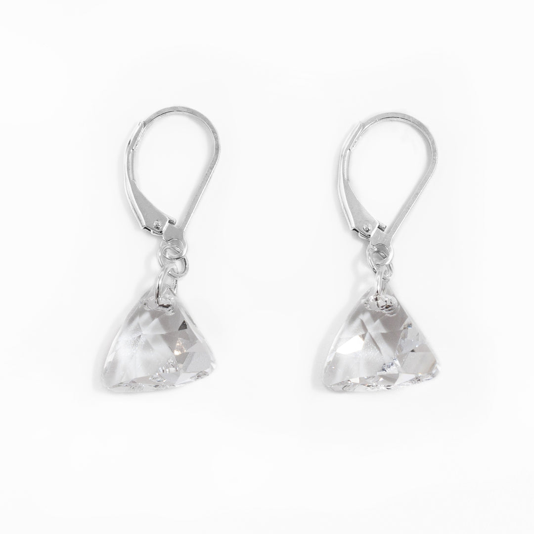 Delicate lever back earrings handcrafted by artist Debra Nelson. Made of sterling silver and clear Swarovski Crystal. Each earring measures 1.13" x 0.50" including hook.