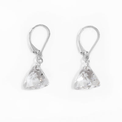Delicate lever back earrings handcrafted by artist Debra Nelson. Made of sterling silver and clear Swarovski Crystal. Each earring measures 1.13" x 0.50" including hook.