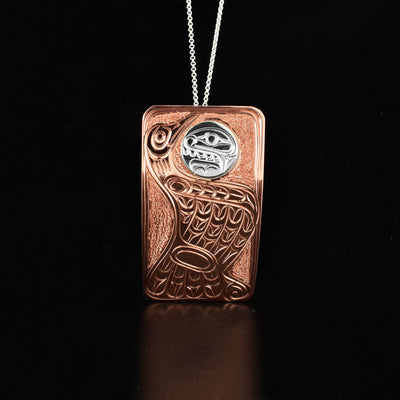 Sterling Silver and Copper Cormorant and Moon Rectangle Pendant