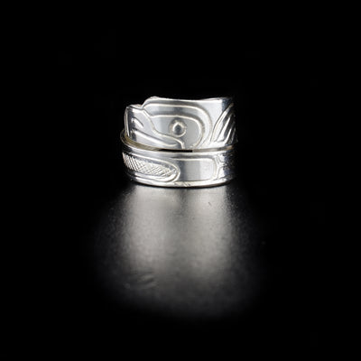 Eagle wrap ring hand-carved by Kwakwaka'wakw artist Norman Seaweed. Made of sterling silver. Size 8.