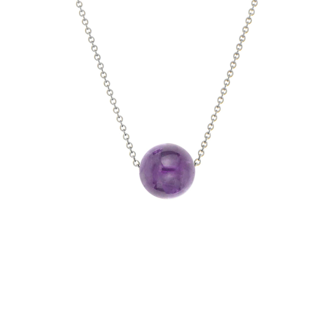 This amethyst necklace is made from sterling silver and a polished amethyst sphere. The dainty chain runs through the bead and there are gorgeous colours displayed on the bead.