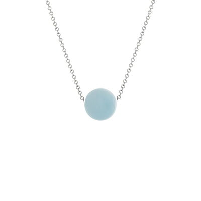 Sterling Silver Element Aquamarine Slide Necklace by artist Pamela Lauz. She has used a round aquamarine bead and a sterling silver chain to create this delicate minimalist piece. The bead is 0.39" in diameter and the adjustable chain can be 16" or 18" long.