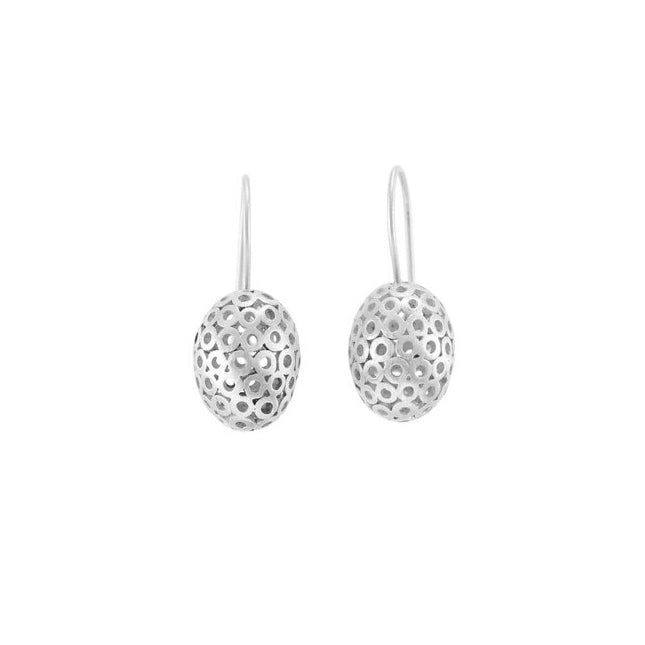Sterling Silver Groovy Egg Earrings handcrafted by artist Dushka Vujovic. Each earring measures approximately 0.94" x 0.38" including hook.