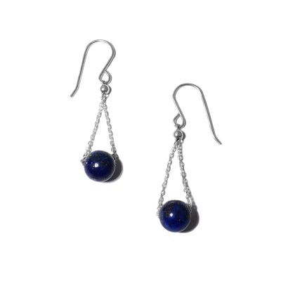 Elegant earrings handcrafted by artist Pamela Lauz. Made of lapis lazuli and sterling silver wire and chain. Each earring measures 1.55" x 0.40" including hook.