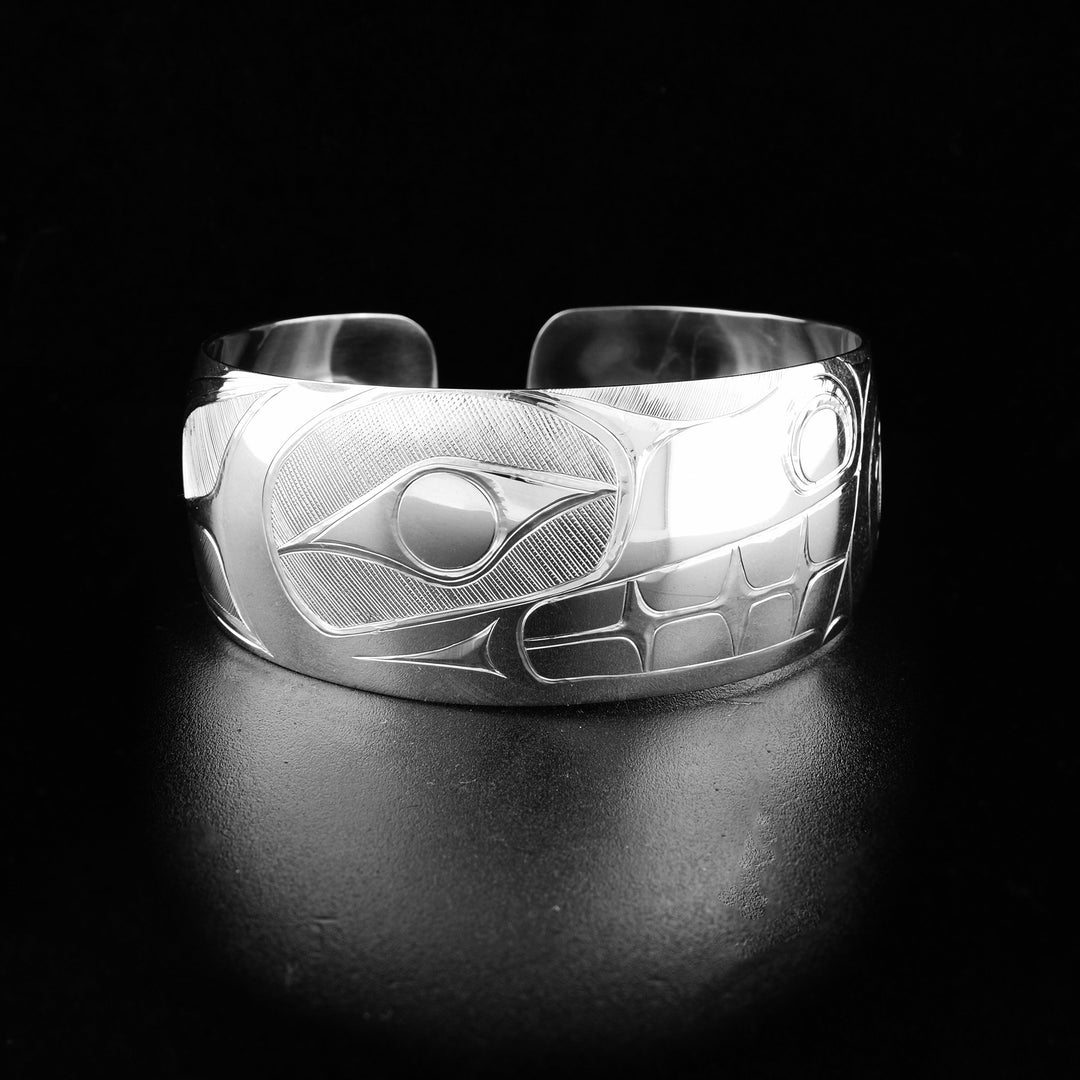 Sterling silver bear bracelet hand-carved by Haisla artist Hollie Bartlett.