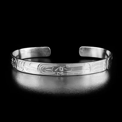This wolf bracelet has the profile of a wolf's head with a long snout in the center of the bracelet, facing the right.