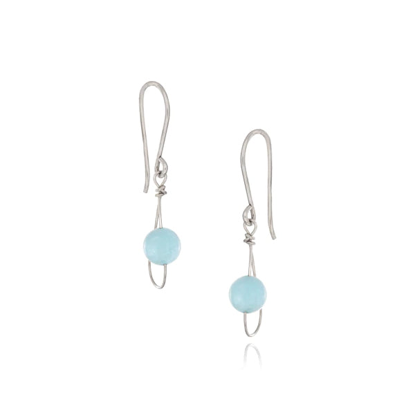 Delicate earrings handcrafted by artist Pamela Lauz. Made of sterling silver wire and aquamarine. Each earring measures 1.18" x 0.38" including hook.