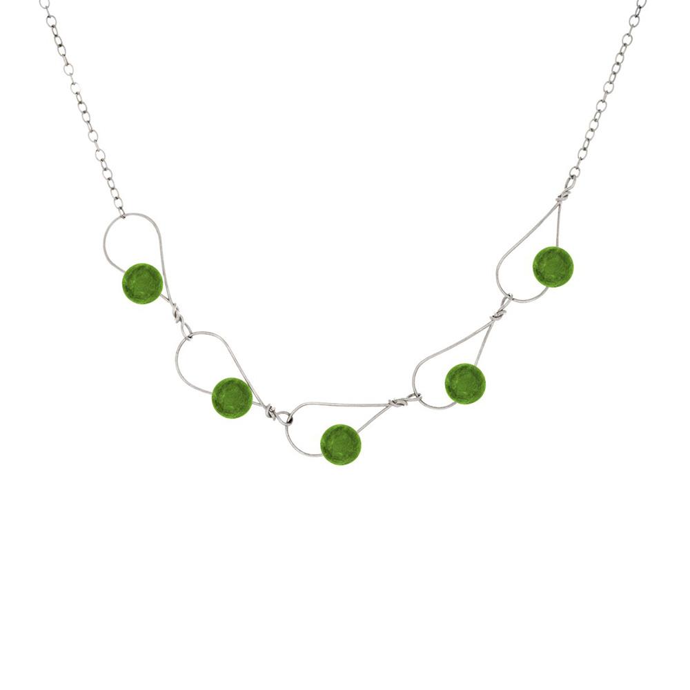 This jade necklace has a sterling silver chain and large teardrop shaped chain links at the bottom part of the necklace. There are brilliant, BC jade beads featured on the large chain links.
