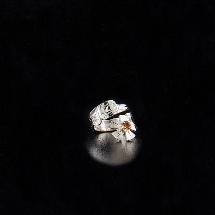 Sterling silver raven wrap ring with citrine set in 14K gold setting hand-carved by Tlingit artist Fred Myra. 0.75" wide.