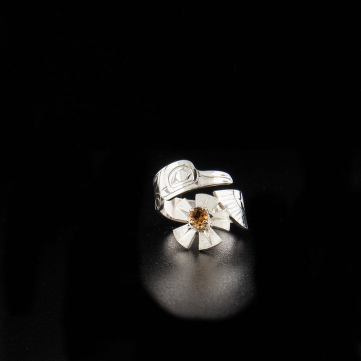 Sterling silver raven wrap ring with citrine set in 14K gold setting hand-carved by Tlingit artist Fred Myra. 0.75" wide.