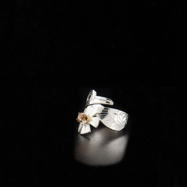 Sterling silver raven wrap ring with citrine set in 14K gold setting hand-carved by Tlingit artist Fred Myra. 0.75" wide.