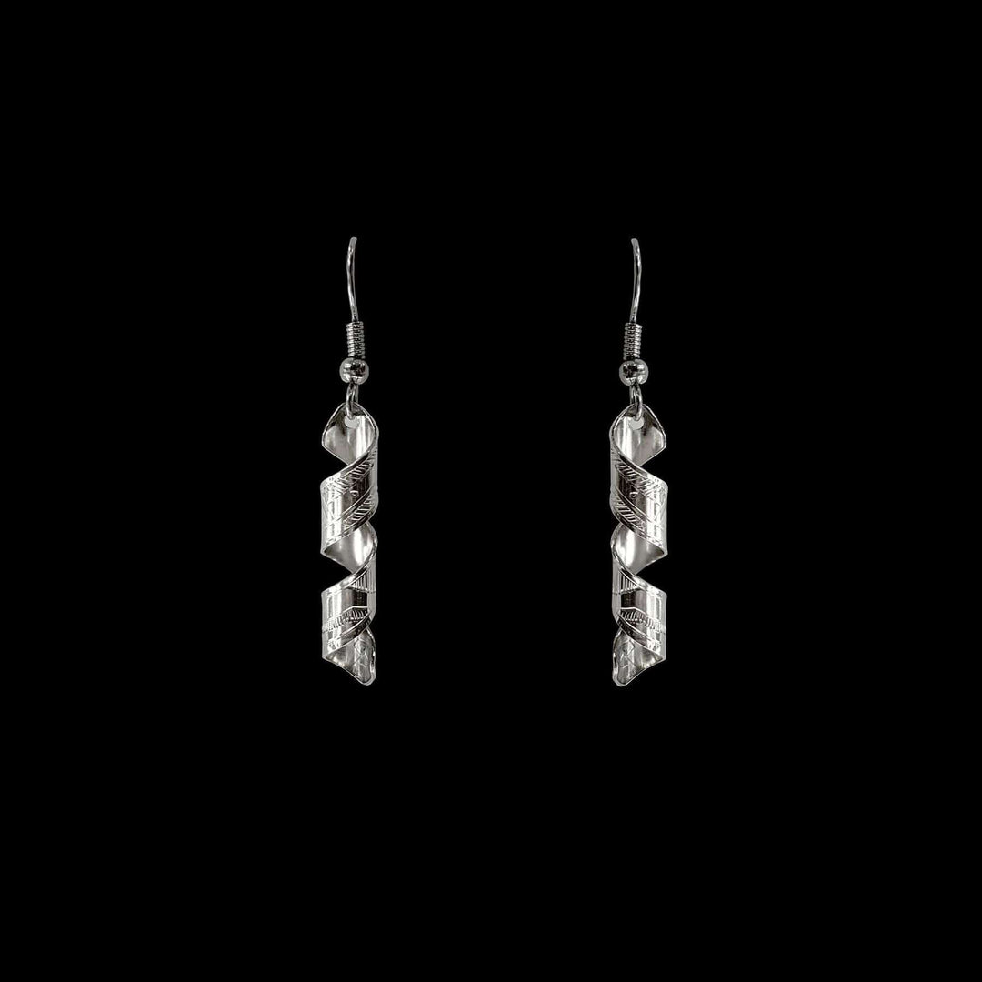 Sterling Silver Spiral Hummingbird earrings by Gilbert Pat. Each earring is in the shape of a spiral and on the earrings are hand-carved hummingbirds. The artist has also hand-carved intricate designs representing the hummingbird's feathers.