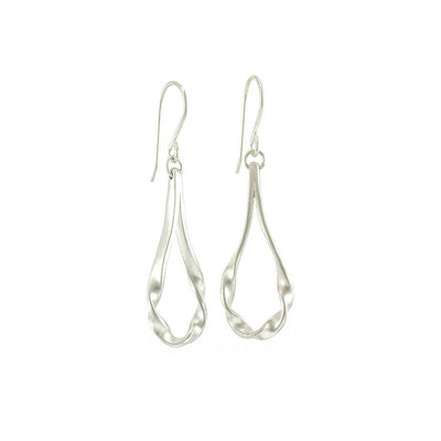 Elegant Sterling Silver Teardrop Twist Earrings handcrafted by artist Dushka Vujovic. Teardrop-shaped earrings have a spiral twist at the base. Each earring measures 1.75" x 0.50" including hook.