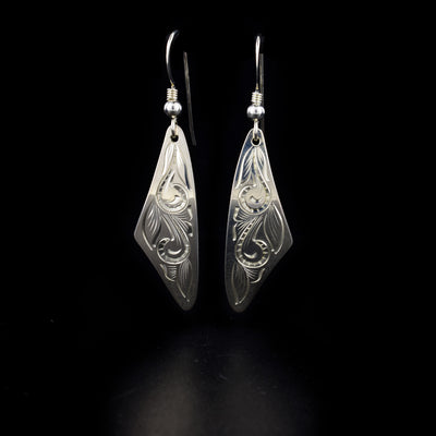 Dazzling Sterling Silver Triangle Scallop Earrings hand-carved by artist Brett Borrie. Each earring measures 0.80" x 0.45" including hook.