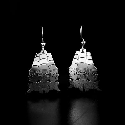 Watchmen earrings by Tahltan artist Grant Pauls. Made of sterling silver. Each earring measures 1.55" x 0.80" including hook.
