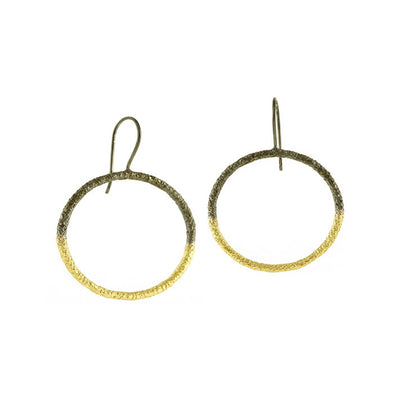 Two-Tone Textured Hoop Earrings handcrafted by artist Dushka Vujovic. Made of oxidized sterling silver and 18K gold plating. Each earring measures 1.75" x 1.13" including hook.