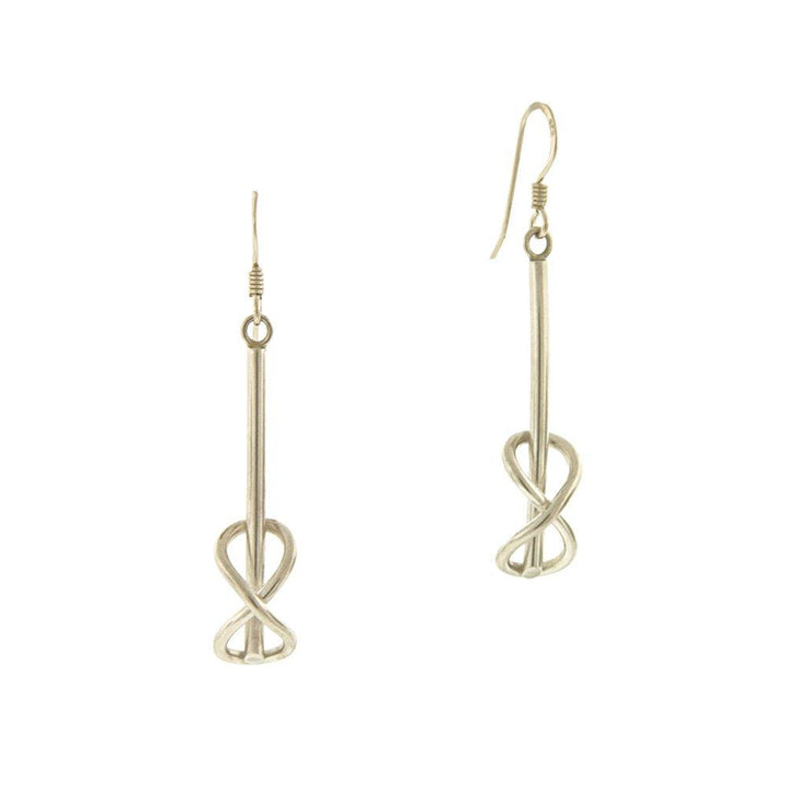 These sterling silver drop earrings have a long wire going down with a vertical infinity sign made of wire at the end.