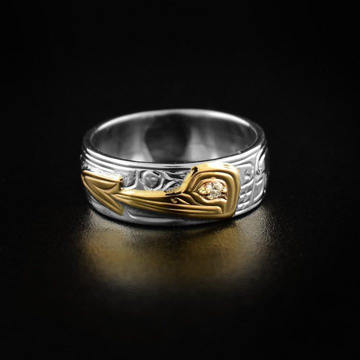 Hand Carved Silver and Gold Orca Ring