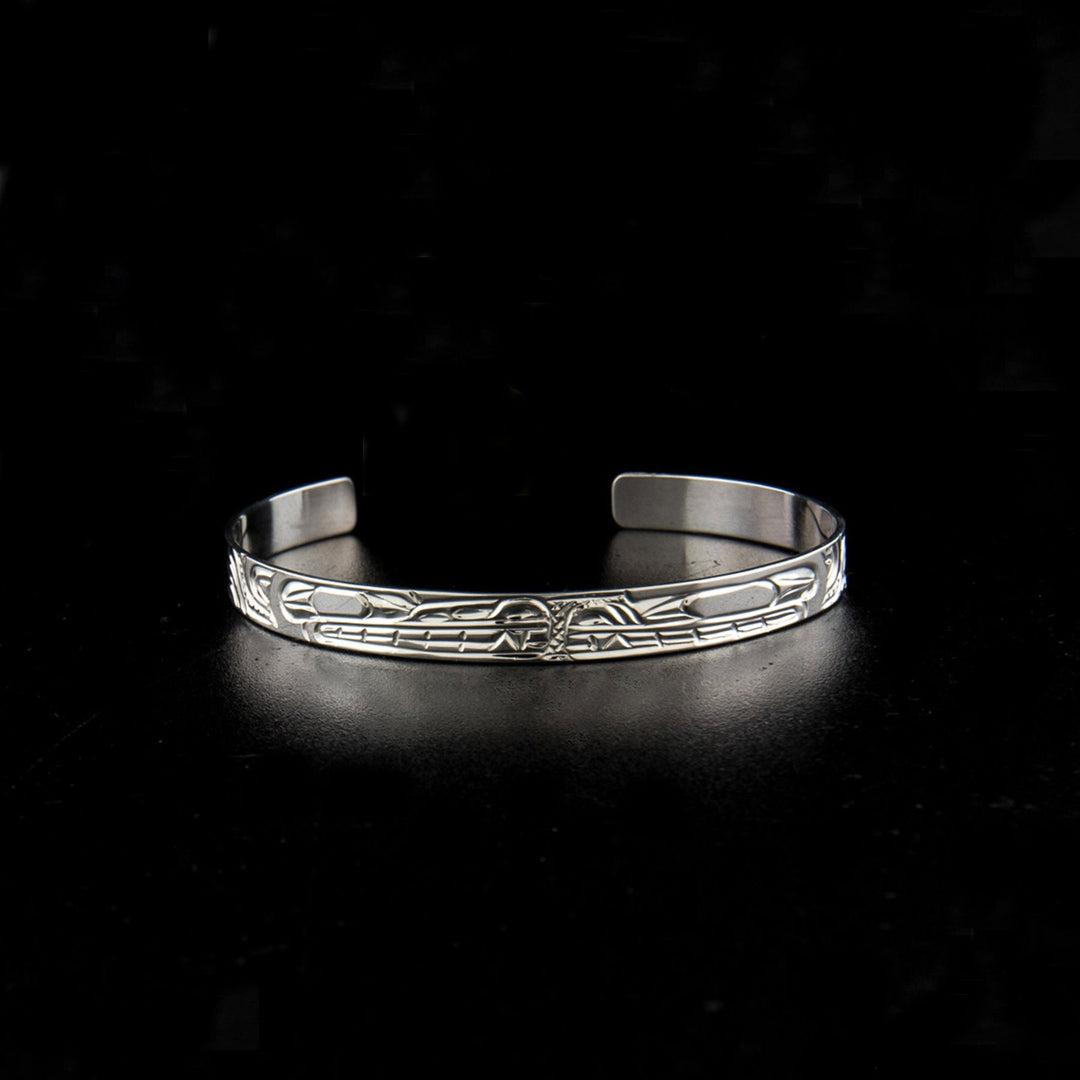 Northwest Coast First Nations, Hand Carved Sterling Silver 1/4" Bear and Wolf Bracelet, Indigenous Jewellery, Kwakwaka'wakw