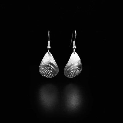 Canadian First Nations, Hand Carved Sterling Silver Small Teardrop Orca Earrings, Indigenous Native Jewellery