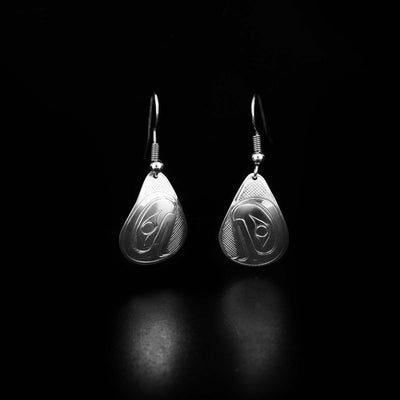 Canadian First Nations, Hand Carved Sterling Silver Small Teardrop Eagle Earrings, Indigenous Native Jewellery