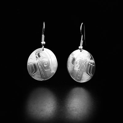 Canadian First Nations, Hand Carved Sterling Silver Medium Oval Wolf Earrings, Indigenous Native Jewellery