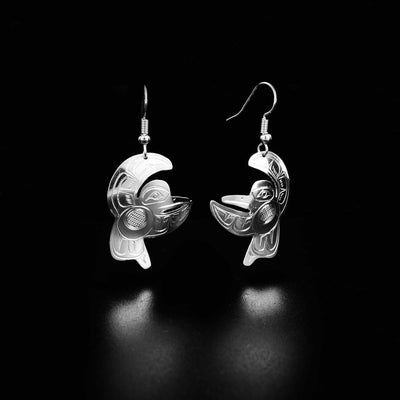 Canadian First Nations, Hand Carved Sterling Silver Hummingbird Shape Earrings, Indigenous Native Jewellery