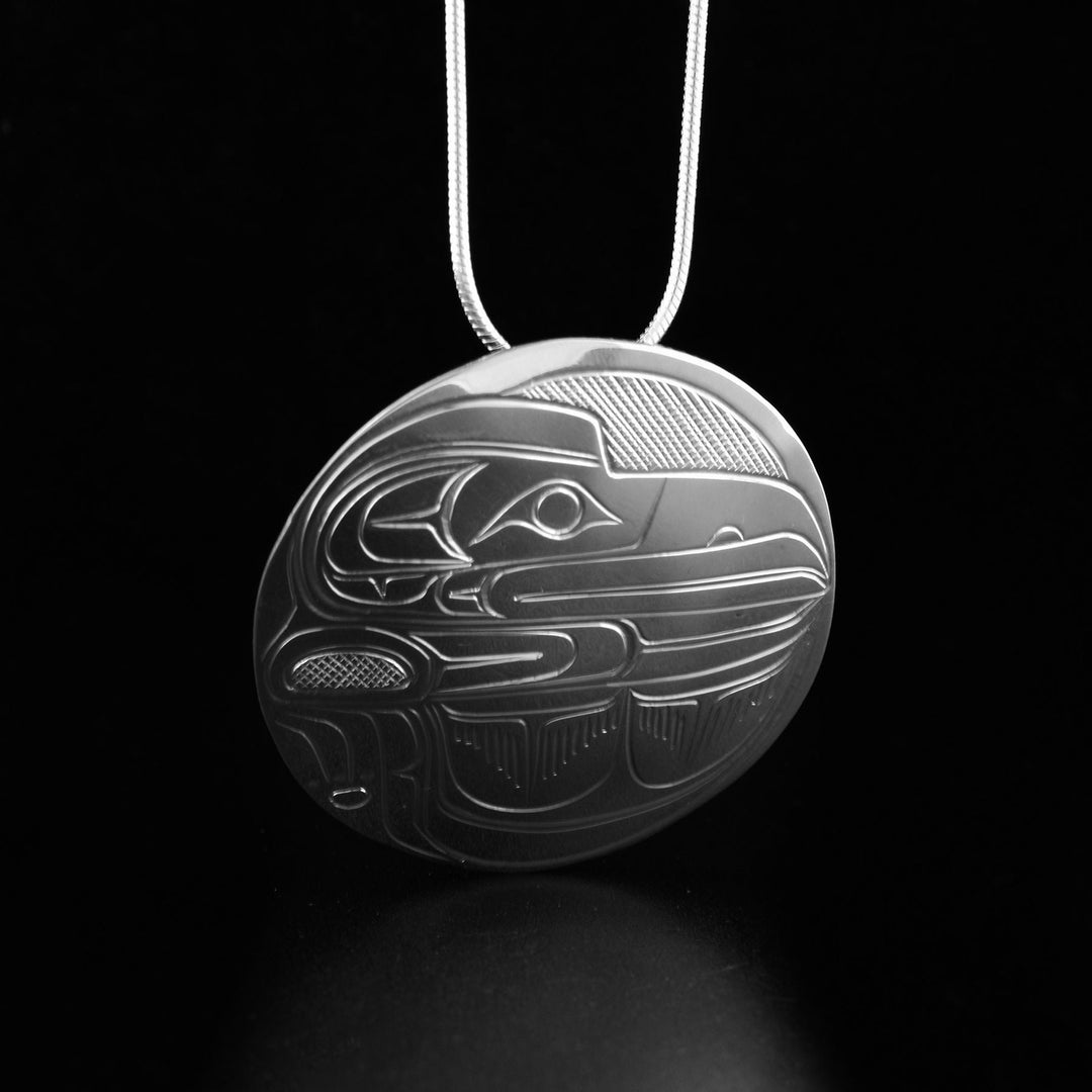 Canadian Indigenous, Hand Carved Sterling Silver 1.5" Round Raven Pendant, First Nations Native Jewellery