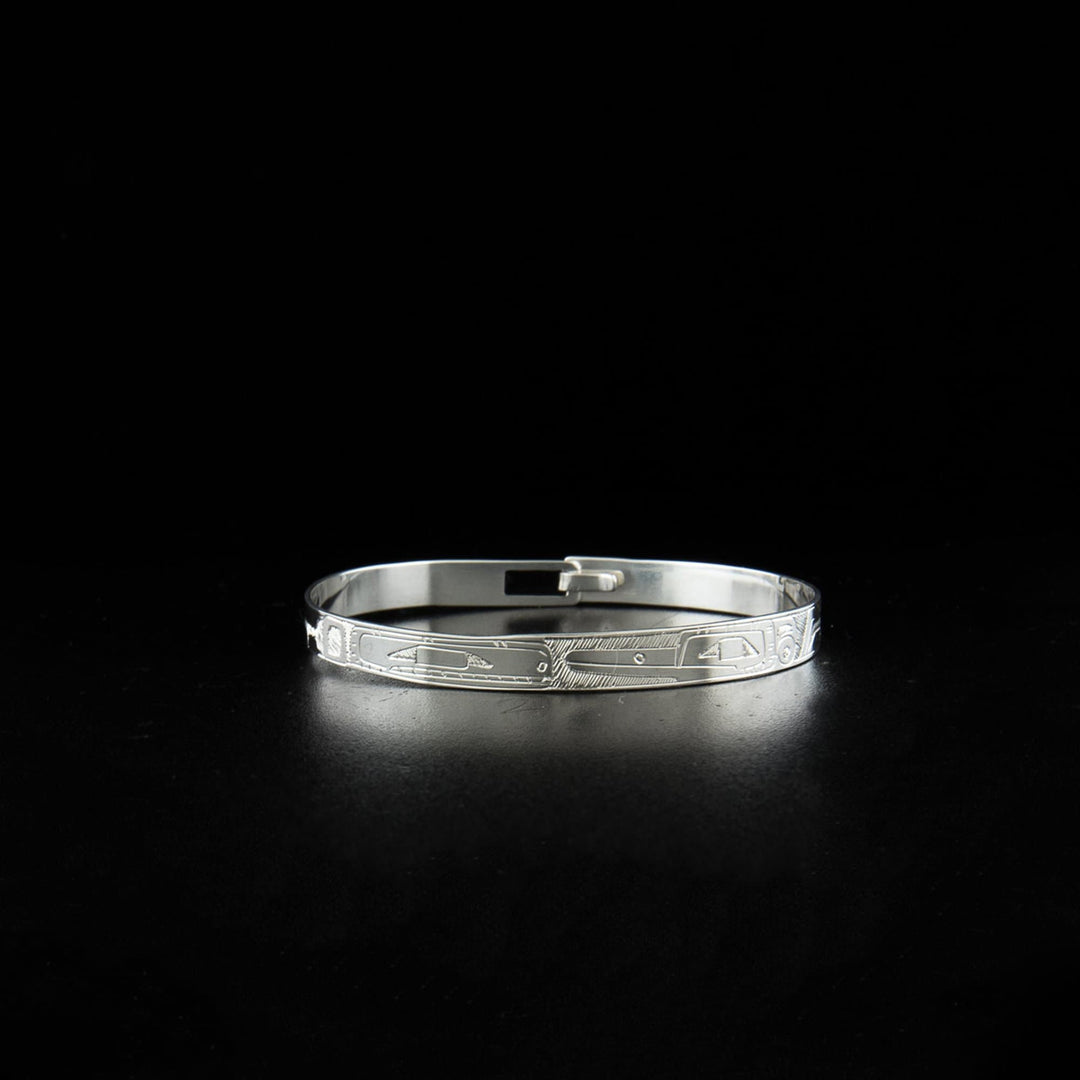 Northwest Coast First Nations, Hand Carved Sterling Silver 1/4" Orca and Hummingbird Clasp Bracelet, Indigenous Jewellery