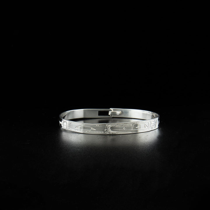 Northwest Coast First Nations, Hand Carved Sterling Silver 1/4" Orca and Hummingbird Clasp Bracelet, Indigenous Jewellery