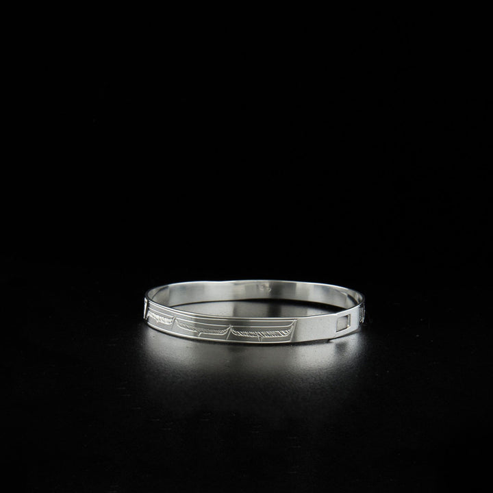 Northwest Coast First Nations, Hand Carved Sterling Silver 1/4" Orca and Hummingbird Clasp Bracelet, Indigenous Jewellery