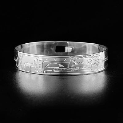 Northwest Coast First Nations, Hand Carved Sterling Silver 1/2" Raven Clasp Bracelet, Indigenous Jewellery, Coast Salish