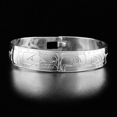 Northwest Coast First Nations, Hand Carved Sterling Silver 1/2" Orca and Eagle Bracelet, Indigenous Jewellery, Coast Salish