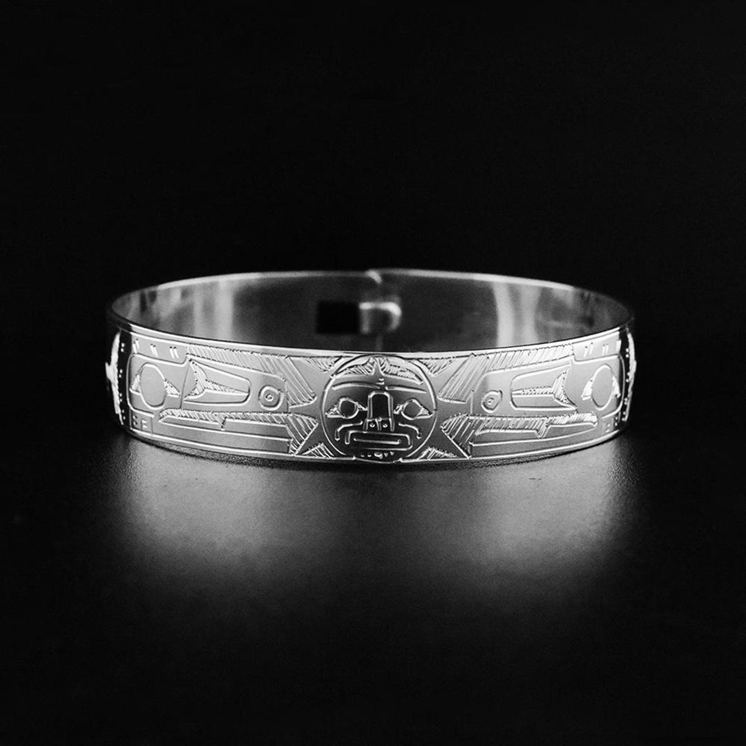 Northwest Coast First Nations, Hand Carved Sterling Silver 1/2" Ravens and Sun Clasp Bracelet, Indigenous Jewellery, Coast Salish