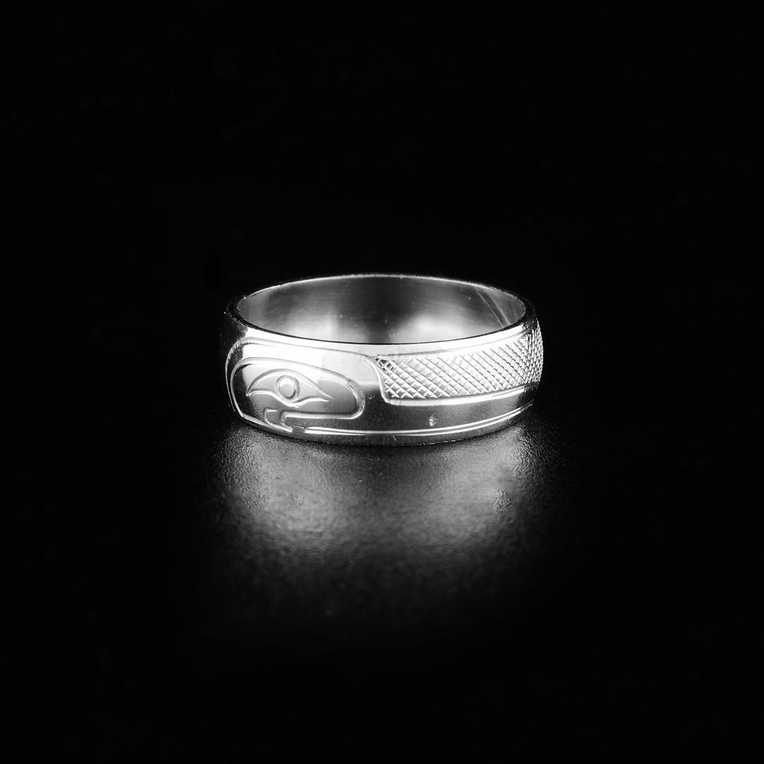 This Hummingbird ring has the profile of a hummingbird's head in the center of the ring with a large beak going into some flowers.