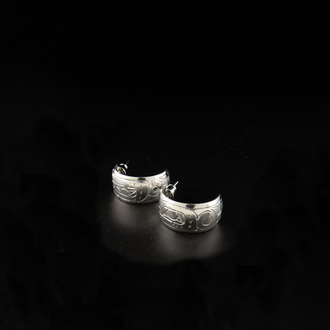 Canadian First Nations, Hand Carved Sterling Silver 3/8" Hummingbird Hoop Earrings, Indigenous Native Jewellery, Coast Salish
