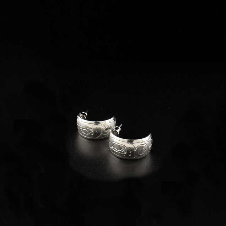 Canadian First Nations, Hand Carved Sterling Silver 3/8" Hummingbird Hoop Earrings, Indigenous Native Jewellery, Coast Salish