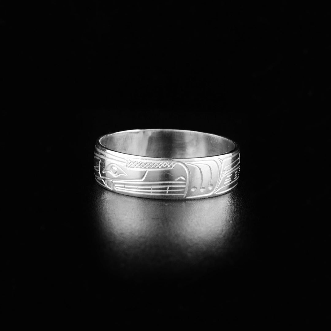 This Wolf ring has the profile of a wolf's head facing the right with a long snout. On both sides of the ring are carved designs representing the paws and body of the wolf.