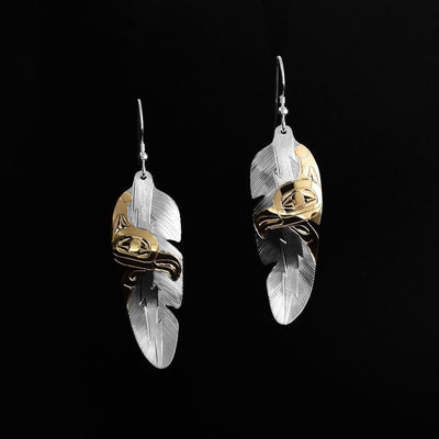 Canadian First Nations, Hand Carved Gold and Silver Thunderbird Earrings, Indigenous Native Jewellery