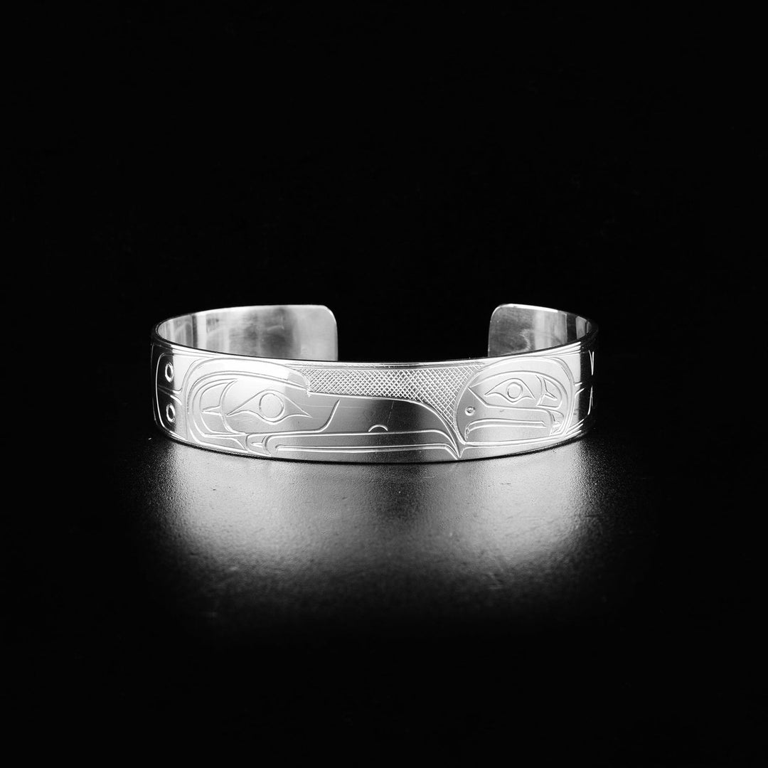 Northwest Coast First Nations, Hand Carved Sterling Silver 1/2" Raven and Salmon Bracelet, Indigenous Jewellery