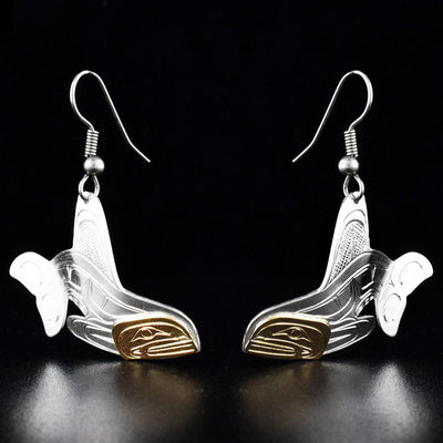 Canadian First Nations, Hand Carved Sterling Silver and 14K Gold Orca Shape Earrings, Indigenous Native Jewellery