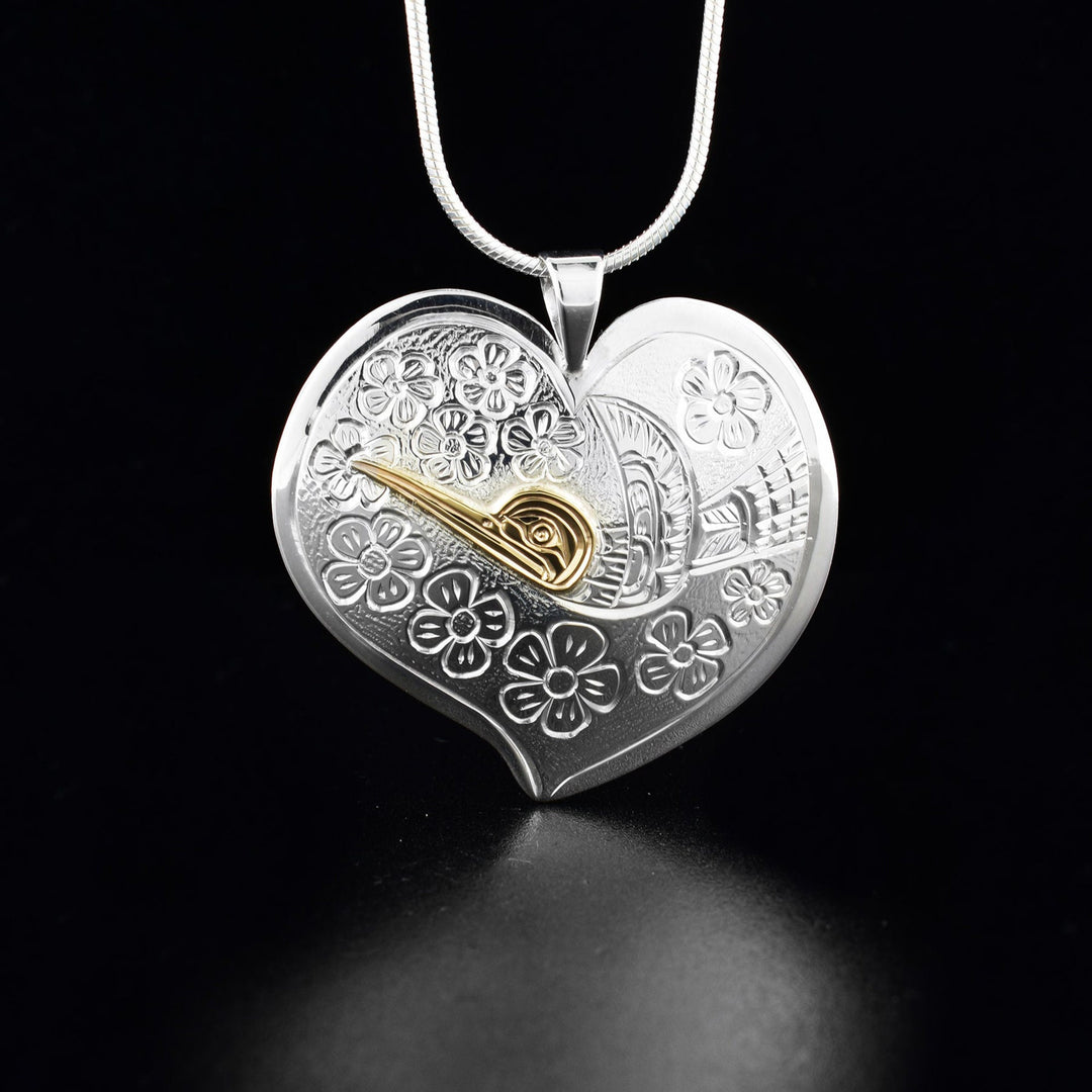 Canadian Indigenous, Hand Carved Sterling Silver and 14K Gold Hummingbird Heart Pendant, First Nations Native Jewellery, Kwakwaka'wakw