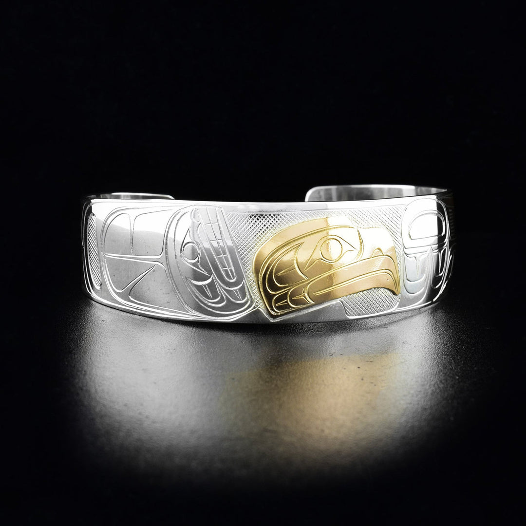 Northwest Coast Indigenous Jewellery, Hand Carved Sterling Silver and 14K Gold 3/4" Eagle Bracelet, First Nations Jewellery